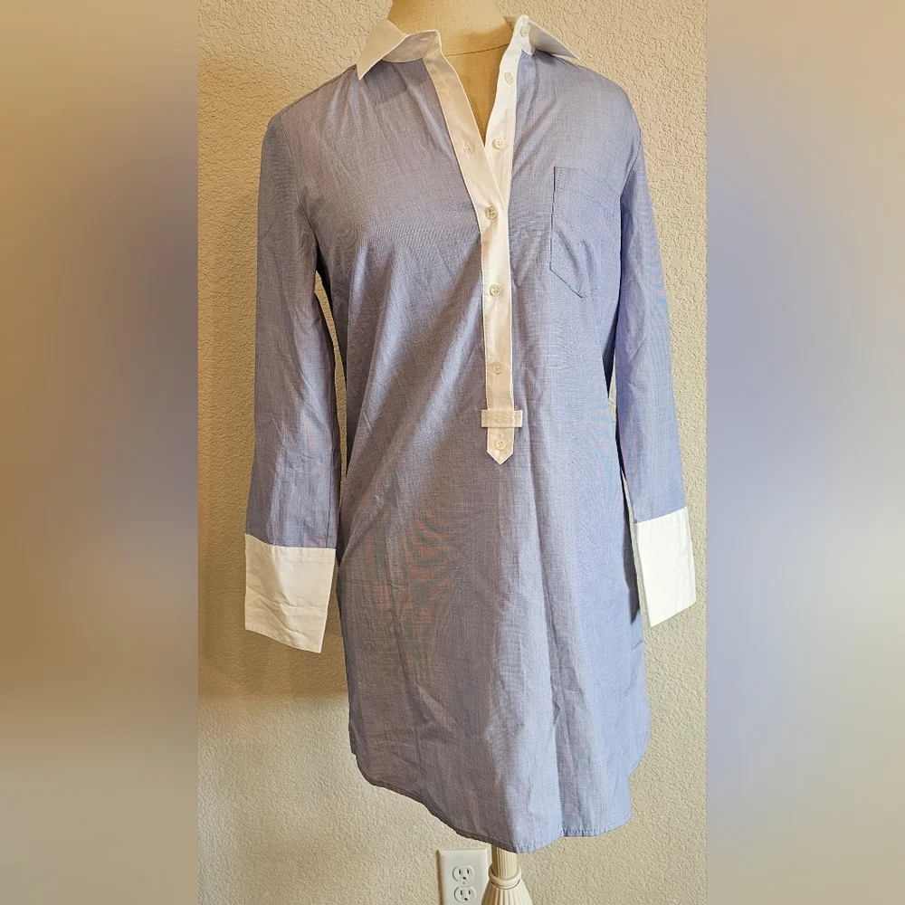 J. Crew Blue and White Collared Midi Shirt Dress